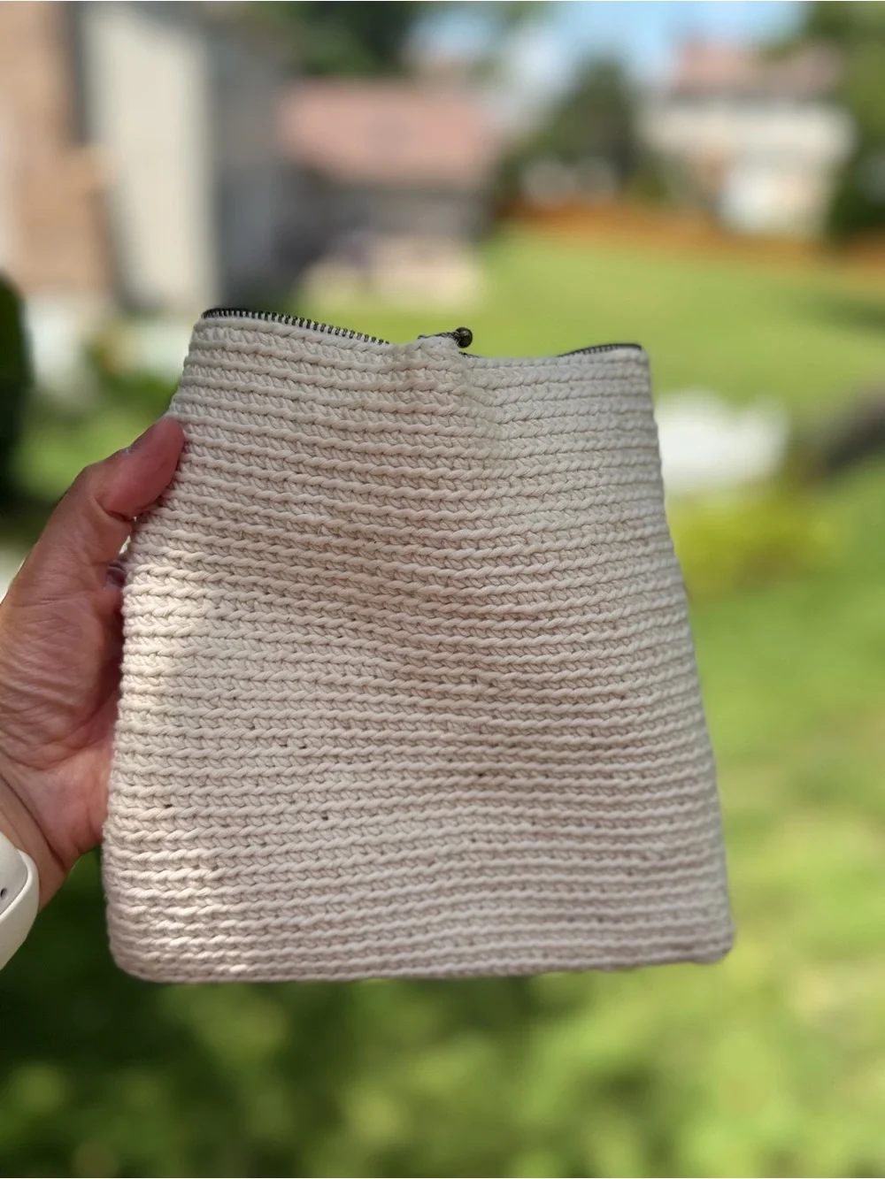 Hand Crafted Cream Woven Triangle Wristlet with Wrapped Ring Handle